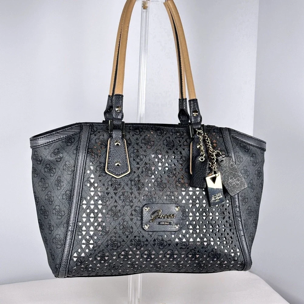Guess Charcoal Blue Monogram Satchel Laser Cut Purse Leopard Lining Hand Bag